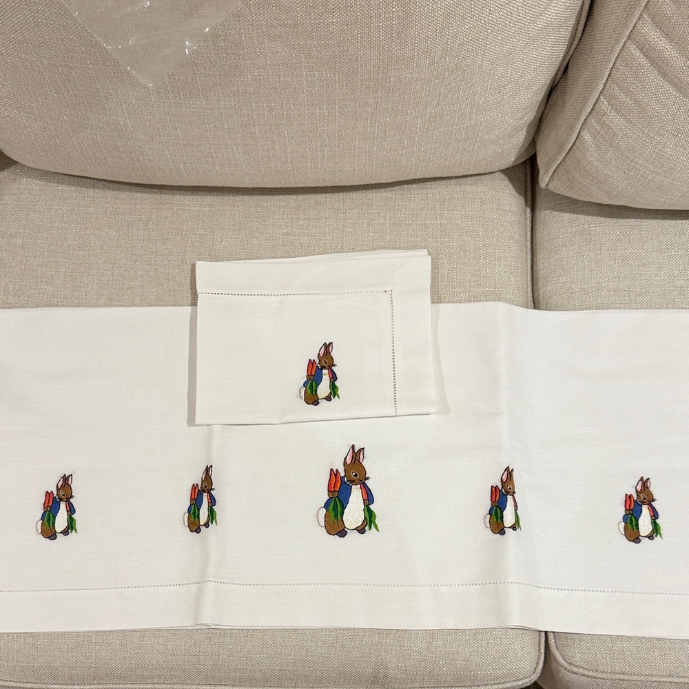 White Bed Runner and Pillow Case Set with Peter Rabbit Embroidery
